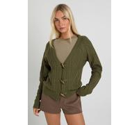 Boohoo Toggle Button Cable Knit Chunky Cardigan In Khaki khaki L
