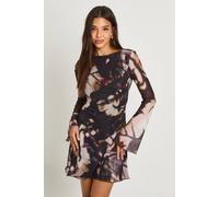 Boohoo Tonal Abstract Mesh Flare Sleeve Mini Dress In Black black 12