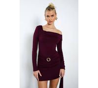 Boohoo Trim Detail Asymmetric Long Sleeve Mini Dress In Burgundy burgundy 16
