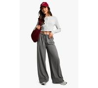 Boohoo Turn Up Hem Pinstripe Wide Leg Trousers In Charcoal charcoal 8