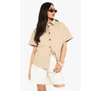 boohoo Women's Twill Short Sleeve Shirt in Stone | Size: 14
