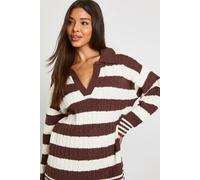 Boohoo V Neck Collared Stripe Jumper In Chocolate chocolate S