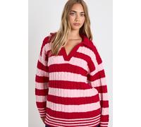 Boohoo V Neck Collared Stripe Jumper red M