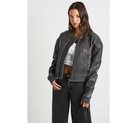 boohoo Women's Vintage Look Faux Leather Bomber Jacket in Grey | Size: 14