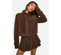 boohoo Women's Vintage Look Faux Suede Collared Crop Jacket in Chocolate | Size: 12
