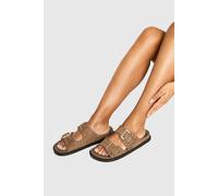 boohoo Women's Whipstitch Detail Double Strap Footbed Slider in Taupe | Size: 4