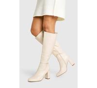 Boohoo Wide Fit Block Heel Knee High Pull On Boots In Ecru ecru 4