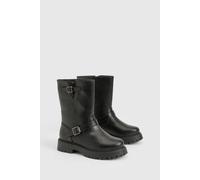 Boohoo Wide Fit Calf High Buckle Biker Boots In Black black 8