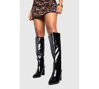 boohoo Women's Wide Fit Crinkle Block Heel Knee High Boots in Black | Size: 5