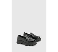 boohoo Women's Wide Fit Croc Chunky Loafer in Black | Size: 3