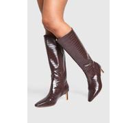boohoo Women's Wide Fit Croc Knee High Low Heeled Boots in Chocolate | Size: 6