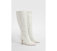 Boohoo Wide Fit Croc Pointed Knee High Heeled Boots In Cream cream 5