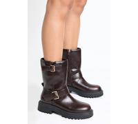 Boohoo Wide Fit Double Buckle Biker Boots In Brown brown 3