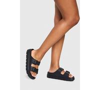 Boohoo Wide Fit Double Strap Buckle Sliders In Black black 3