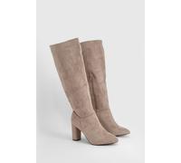 Boohoo Wide Fit Faux Suede Block Heel Knee High Boots In Taupe taupe 8