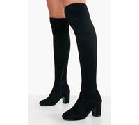 Boohoo Wide Fit Faux Suede Block Heel Stretch Over The Knee Boots In Black black 3