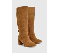 Boohoo Wide Fit Faux Suede Square Toe Stretch Knee High Boots In Tan tan 7