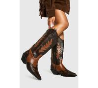 Boohoo Wide Fit Low Heel Contrast Western Cowboy Boot In Brown brown 3