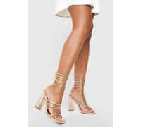 boohoo Women's Wide Fit Multi Strap Block Heel Tie Up Sandals in Gold | Size: 5