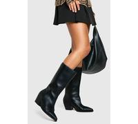 Boohoo Wide Fit Textured Low Block Calf High Western Boots In Black black 5