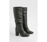 Boohoo Wide Fit Textured Ruched Heeled Knee High Boots In Black black 8