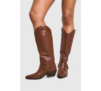 Boohoo Wide Fit Western Style Harness Detail Knee High Boots In Tan tan 6