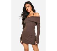 Boohoo Wide Rib Bardot Tie Mini Dress In Chocolate chocolate 12