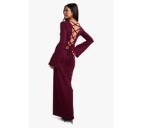 Boohoo Wide Rib Tie Back Flare Sleeve Maxi Dress In Merlot merlot 16
