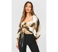 boohoo Women's Abstract Printed Satin Ruched Volume Sleeve Top in Black | Size: 6