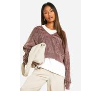 boohoo Women's Acid Wash Distressed Hem Slouchy Cable Jumper in Mauve | Size: Medium