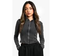 boohoo Women's Acid Wash Seam Detail Zip Through Top in Charcoal | Size: 14