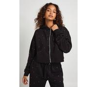 boohoo Women's All Over Rhinestone Boxy Crop Hoodie in Black | Size: XS