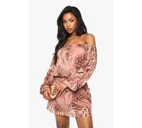 boohoo Women's Animal Mesh Blouson Mini Dress in Brown | Size: 10