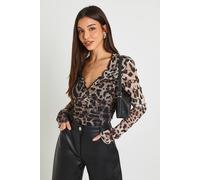 boohoo Women's Animal Printed Mesh Ruched Neckline Long Sleeve Bodysuit | Size: 6