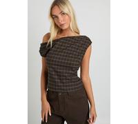 boohoo Women's Asymmetric Check Top in Brown | Size: 14