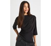 boohoo Women's Asymmetric Hem Cinched Waist 3/4 Sleeve T-Shirt in Black | Size: 12