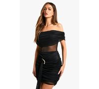 boohoo Women's Asymmetric Mesh Insert Trim Drape Detail Slinky Mini Dress in Black | Size: 18