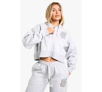 boohoo Women's Ath Club Towelling Applique Boxy Zip Through Hoodie in Grey Marl | Size: Large