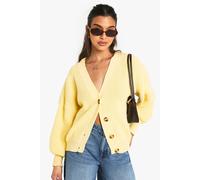 boohoo Women's Balloon Sleeve Button Through Rib Cardigan in Lemon | Size: XS