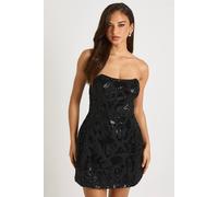 boohoo Women's Bandeau Structured Velvet Lace Demask Skater Mini Dress in Black | Size: 14
