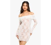 boohoo Women's Bardot Long Sleeve Lace Mini Dress in White | Size: 14