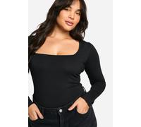 boohoo Women's Basics Plus Cotton Square Neck Long Sleeve Bodysuit in Black | Size: 22