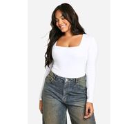 boohoo Women's Basics Plus Cotton Square Neck Long Sleeve Bodysuit in White | Size: 28