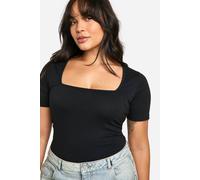 boohoo Women's Basics Plus Cotton Square Neck Short Sleeve Bodysuit in Black | Size: 24