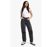 boohoo Women's Basics Ripped Knee Straight Leg Jeans in Washed Black | Size: 6/32L