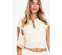 boohoo Women's Beaded Textured Cut Out Detail Fitted Top in Cream | Size: 6