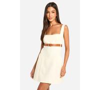 boohoo Women's Belted Square Neck Mini Dress in Ecru | Size: 14