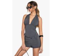 boohoo Women's Bengaline Button Detail Short in Charcoal | Size: 14