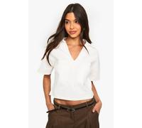 boohoo Women's Bengaline Contrast Stitch Collared Boxy Top in White | Size: 14