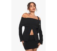 boohoo Women's Bengaline Fold Over Bardot Bell Sleeve Longline Top in Black | Size: 8